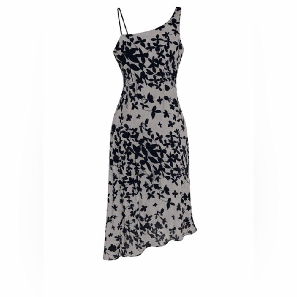B. Moss Vintage 90s Gray Black Spring Unique Neckline Floral Midi Dress NWT Sz 8